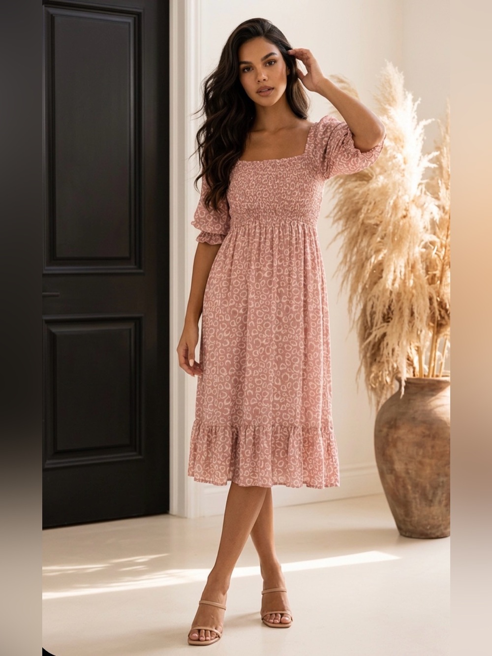 Smocked Square Neck Midi Dress in Dusty Rose